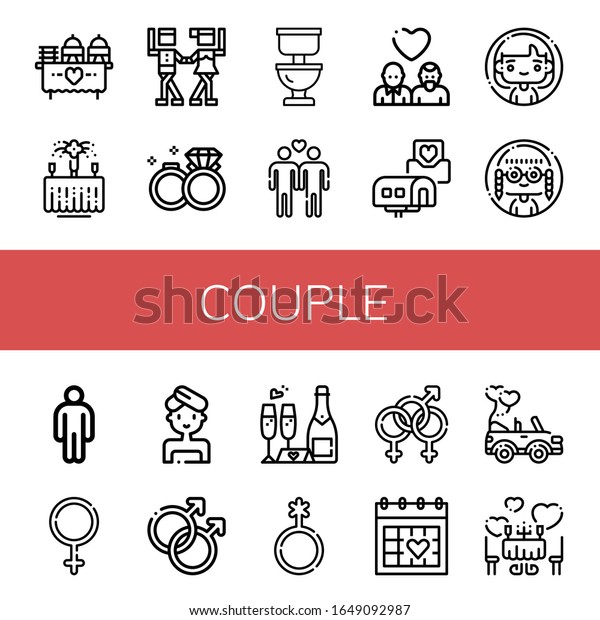 couple\
simple icons set. Contains such icons as Wedding, Waltz, Wedding\
rings, Toilet, Gay, Wedding invitation, Woman, Male, Female,\
Genderqueer, can be used for web, mobile and\
logo