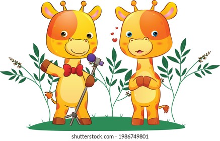La pareja de cantantes giraffe está cantando juntos en el parque de la ilustración
