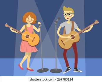 Couple Singer Guitarist in Blue Spotlight. Girl and boy singing and playing guitar together.