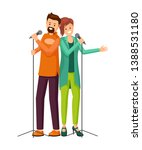 Couple of singers flat vector illustration. Cartoon male, female vocalists singing in duet isolated characters. Bearded guy, stylish girl enjoying karaoke performance, having fun on stage