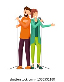 Couple of singers flat vector illustration. Cartoon male, female vocalists singing in duet isolated characters. Bearded guy, stylish girl enjoying karaoke performance, having fun on stage