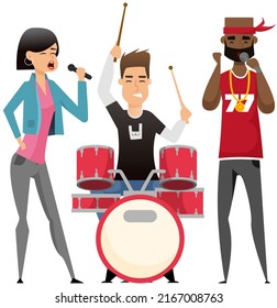 Couple of singers with microphones. Cartoon american male, female vocalists singing in duet isolated characters. Bearded guy, stylish girl enjoying karaoke performance, having fun on stage