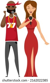 Couple of singers with microphones. Cartoon male, female vocalists singing in duet isolated characters. Bearded guy, stylish girl enjoying karaoke performance, having fun on stage