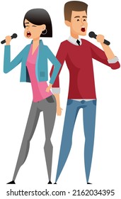 Couple of singers with microphones. Cartoon young male, pretty female vocalists singing in duet isolated characters. Handsome guy, stylish girl enjoying karaoke performance, having fun on stage