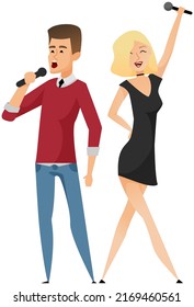 Couple of singers with microphones. Cartoon young male, pretty female vocalists singing in duet isolated characters. Handsome guy, stylish girl enjoying karaoke performance, having fun on stage