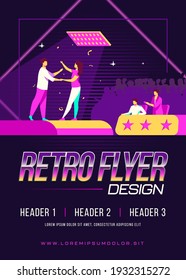 Couple of singers performing before jury. Performers, talent, stage flat vector illustration. Show, event, concert, entertainment concept for banner, website design or landing web page