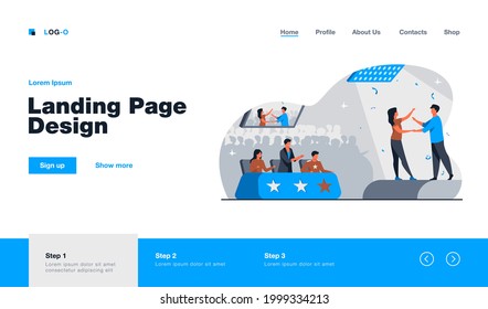 Couple of singers performing before jury. Performers, talent, stage flat vector illustration. Show, event, concert, entertainment concept for banner, website design or landing web page