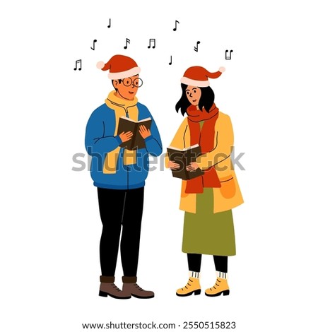 Couple singing holiday carols while wearing festive hats in a joyful atmosphere