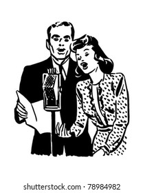 Couple Singing Into Microphone - Retro Clipart Illustration