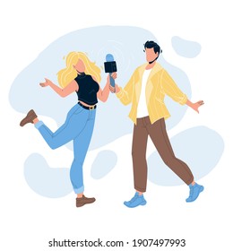 Couple Singing In Karaoke Club Together Vector. Young Man And Woman Sing Song With Microphone In Karaoke Nightclub. Characters People Party, Activity Funny Time Flat Cartoon Illustration