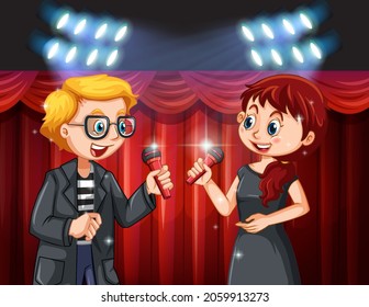 Couple singing with microphone on stage illustration