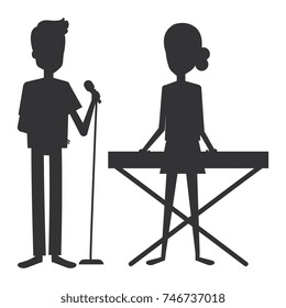 couple singing with microphone and playing synthesizer