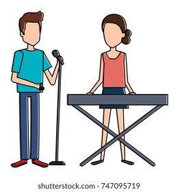 couple singing with microphone and playing synthesizer