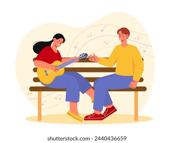 Couple sings with guitar. Man and woman sitting at bench. Talented musicians. Guitarist with singer in city park. Wife and husband with romantic activity. Cartoon flat vector illustration