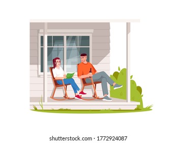 Couple sit in armchairs on patio semi flat RGB color vector illustration. Rural lifestyle, summer recreation in village. People on porch relax in chair isolated cartoon character on white background