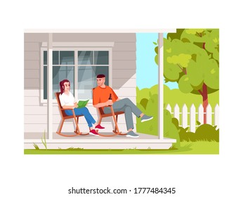 Couple sit in armchairs semi flat vector illustration. Rural lifestyle, summer recreation in village. People on porch relax in chair during daytime 2D cartoon characters for commercial use