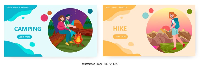 Couple sit next to campfire in forest. Hike and outdoor sport activity vector concept illustration. Girl hiking with backpack in mountains. Web site design template