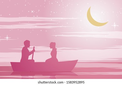 couple sit on boat. pink color tone with silhouette design. vector illustration.