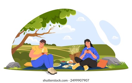 Couple sit on picnic. Man and woman with hot drinks sitting on blanket in nature. Recreation and leisure outdoors. Pair at romantic date. Flat vector illustration isolated on white background