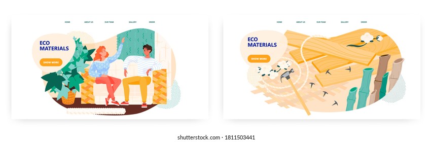 Couple sit on sofa in modern design eco friendly interior. Home eco materials concept illustration. Vector template. Wood plank, hammer, bamboo sticks. Home interiror with natural materials