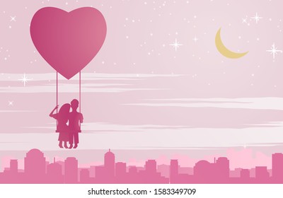 Couple sit on swing that float by heart shape balloon above the city,concept art mean love make people happy like fly in sky,vector illustration