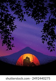 Couple sit in orange tent. Camp in mountains under purple polar lights