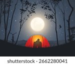 Couple sit in orange tent. Camping in mountains. Moonlight night, full moon