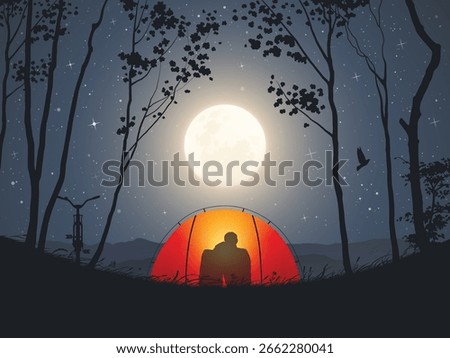 Couple sit in orange tent. Camping in mountains. Moonlight night, full moon