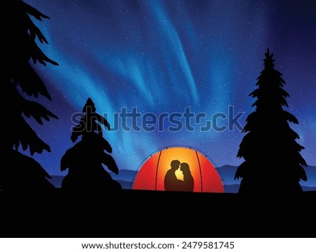 Couple sit in orange tent. Winter camping on snow. Blue polar lights
