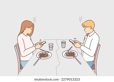 Couple sit at table eating distracted at social media use cellphones. Man and woman having dinner addicted to smartphones avoid communication. Vector illustration. 