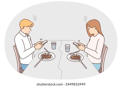 Couple sit at table eating distracted at social media use cellphones. Man and woman having dinner addicted to smartphones avoid communication. Vector illustration.