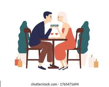 Couple sit at table in restaurant hold gift box vector flat illustration. Happy man and woman at romantic dinner with wine and candles isolated on white. Enamored pair celebrate holiday feeling love
