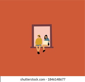 Couple sit in a window of her apartment and showing blank card board of a brick building during protest. Street demonstration vector concept. Illustration of placard protester, political revolution.