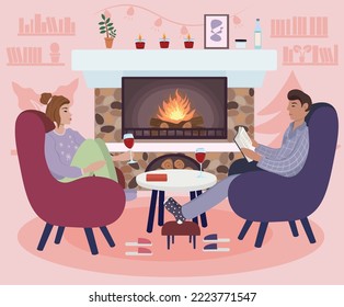 The couple sits by the stone fireplace, drinking wine and reading books. The illustration shows a man, a woman, a fireplace with candles, armchairs on the side, and a light background with bookshelves