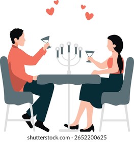 Um casal se senta em uma mesa aconchegante, rindo e brindando com copos de vinho, desfrutando da companhia um do outro em um restaurante mal iluminado.