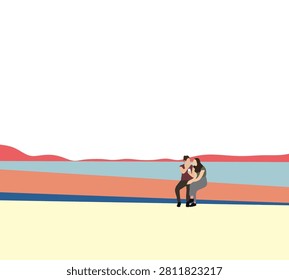 Couple sits on beach enjoying ice cream with calm lake and mountain landscape. Holiday vacation.