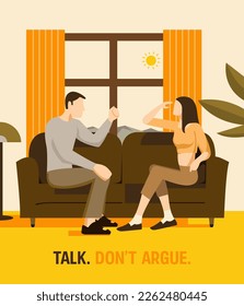 Una pareja se sienta en el sofá y discute. Diseño plano, ilustración vectorial. Leyenda optimista: Habla. No discutas.