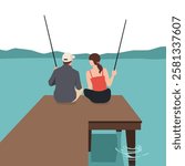 Couple sits on a wooden pier, fishing while surrounded by the calm lake and distant mountain. Flat vector illustration isolated on white background