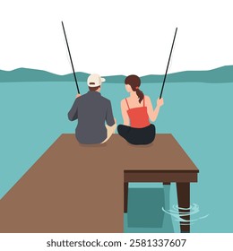 Couple sits on a wooden pier, fishing while surrounded by the calm lake and distant mountain. Flat vector illustration isolated on white background