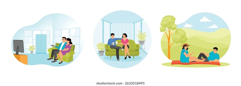 A couple sits together, watching television. Enjoying a conversation with drinks in their hands. A peaceful picnic in a beautiful outdoor setting. Romantic couple relaxing together concept.