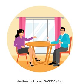 Couple sitting across a table with wine glasses, in a cozy indoor setting featuring pink curtains and a large window. romantic couple relaxing together.
