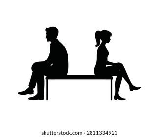 Couple sitting apart on bench black silhouette woman