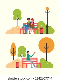 Couple sitting in autumn park on bench with notebook. Man feeding bird from hand, vector fall season weather and cartoon characters, people outdoors