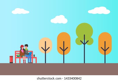Couple sitting in autumn park on bench with notebook. Color trees, blue sky and happy man and woman spending time together at fall time, flat vector