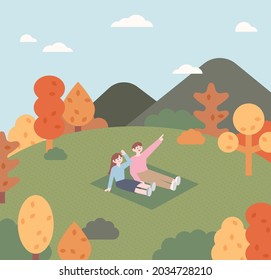 A couple is sitting in the autumn park. The trees around them are turning red. outline simple vector illustration.