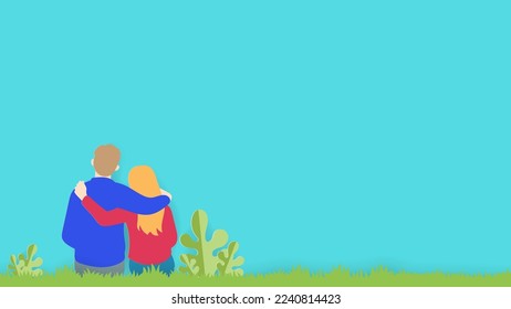 Pareja sentada hacia atrás en el campo de césped, vector de ilustración de estilo de papel.