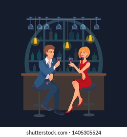Couple sitting at the bar counter, raise wine glasses, looking at each other. A handsome man holds a rose flower. Young adult beautiful blonde girl in a red dress smiling. Vector on a dark background.