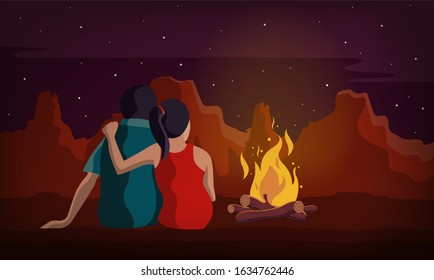 couple sitting with bonfire in night vector illustration