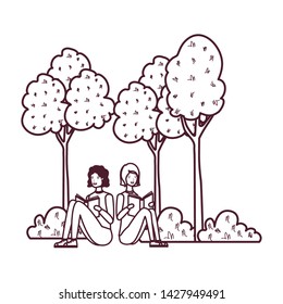 couple sitting with book in landscape with trees and plants