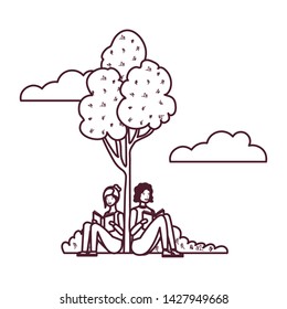 couple sitting with book in landscape with trees and plants